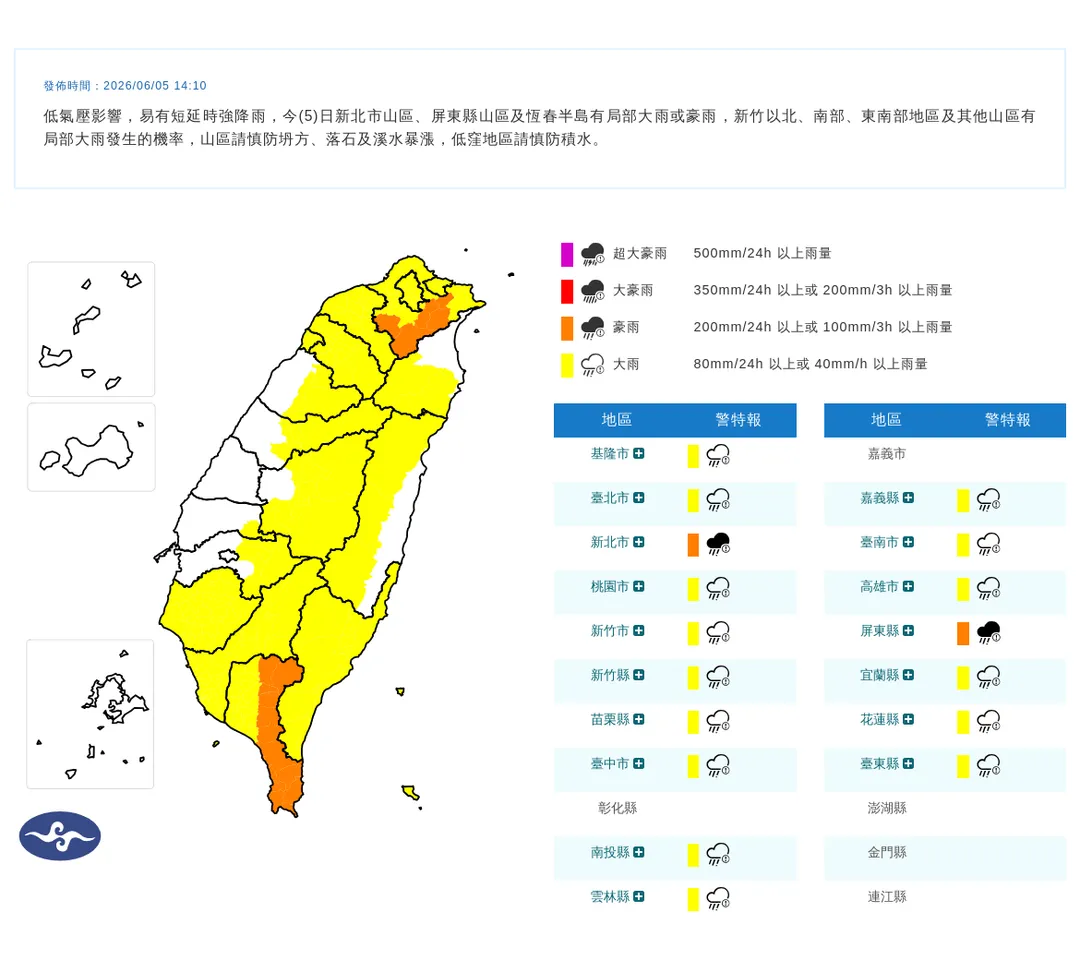 中央氣象署於今(5)日14時10分發布17縣市豪雨特報。(圖/氣象署提供)