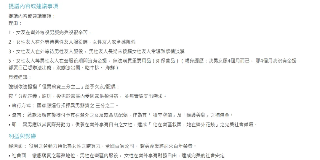 提案內容（編按：應為「役男」）。（圖／翻攝公共政策網路參與平台）
