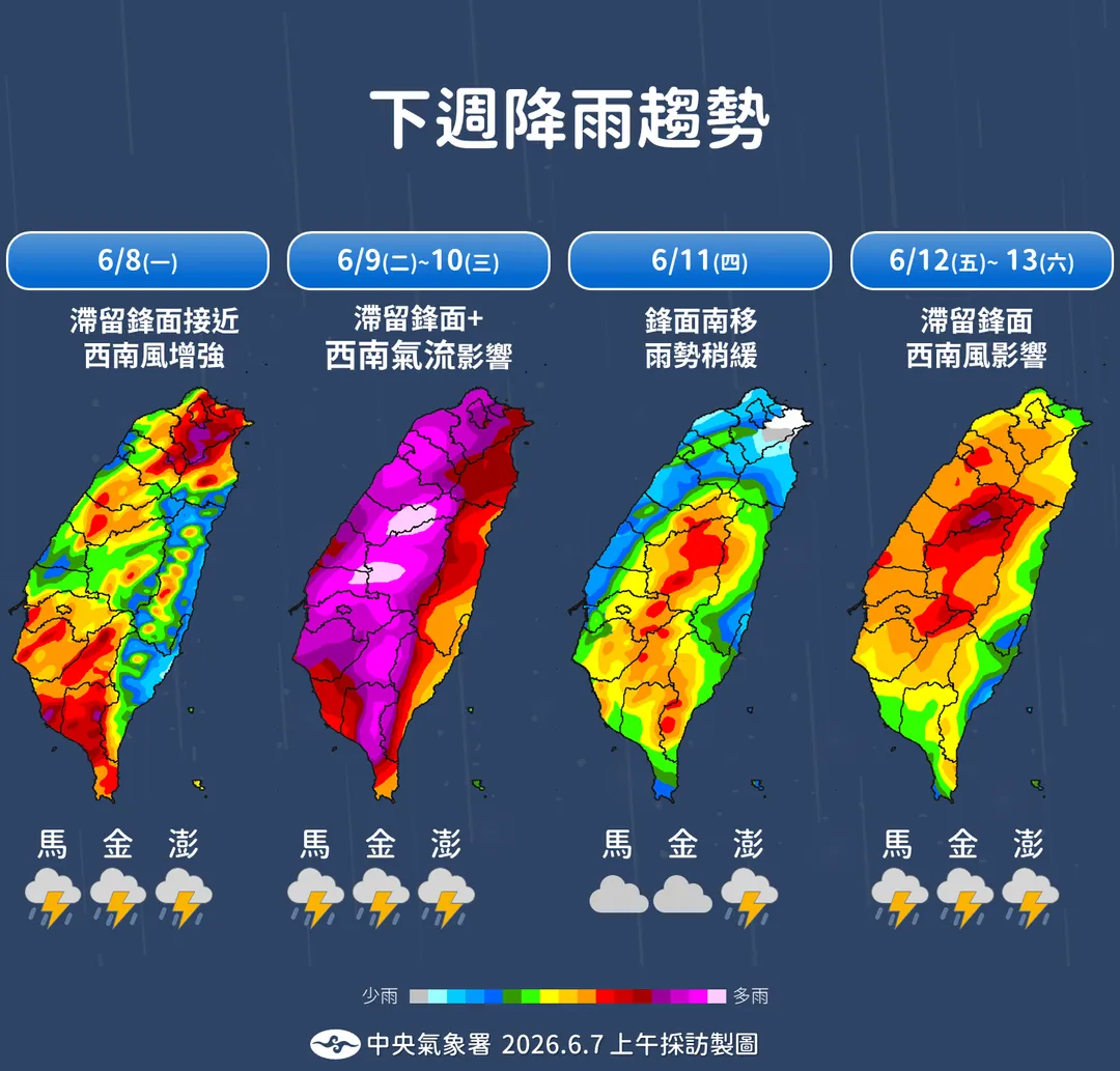 下週滯留鋒面、西南氣流影響，全台迎劇烈雨勢。（圖／中央氣象署）