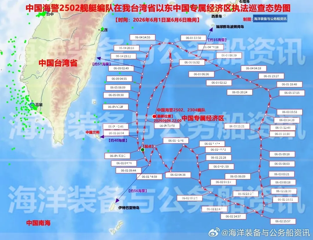 大陸海警2502號艦艇編隊台灣島以東執法巡查航跡圖。 （圖／翻攝微博「海洋裝備與公務船資訊」）