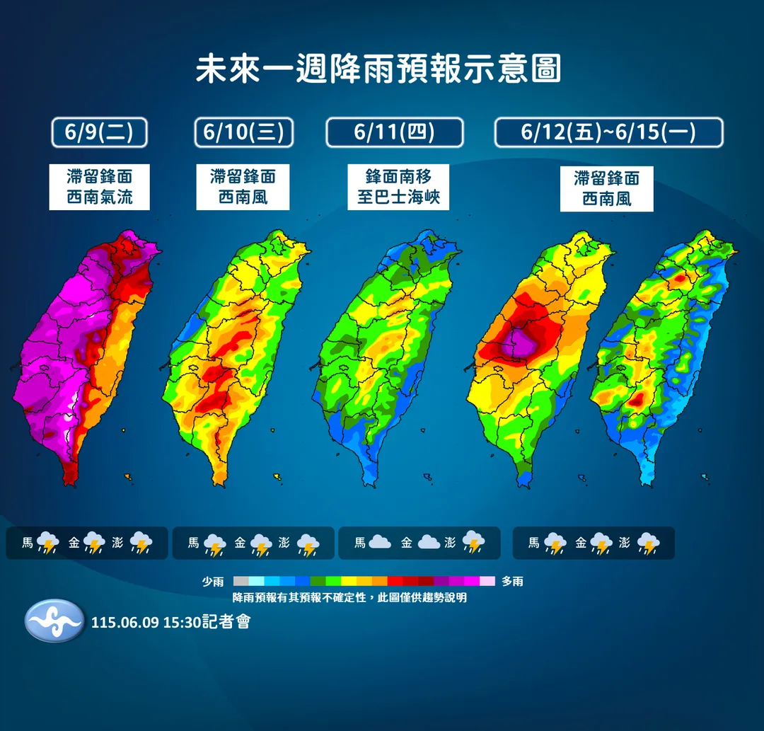 滯留鋒面降雨影響主要在9日至10日，本週末另有1波鋒面為中南部帶來大雨。（圖／中央氣象署提供）
