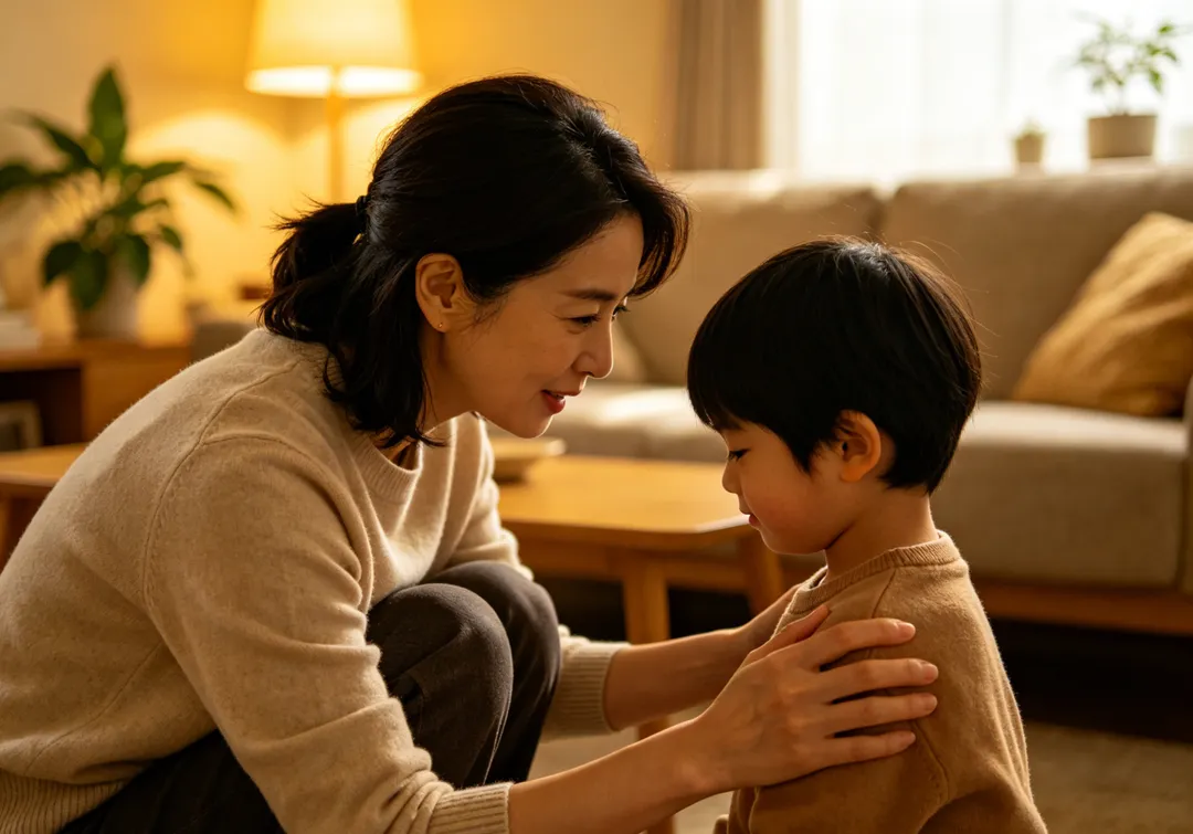 父母可以用鼓勵取代否定，例如孩子說肚子痛時，可以回應：「原來你現在肚子痛。媽媽昨天沒發現，你告訴醫師，是哪裡痛？」（示意圖／AI生成圖）