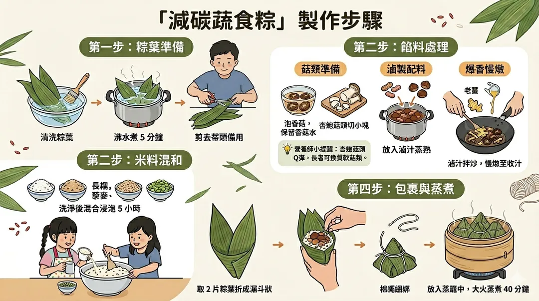減碳蔬食粽製作步驟。（圖／陽明院區提供）