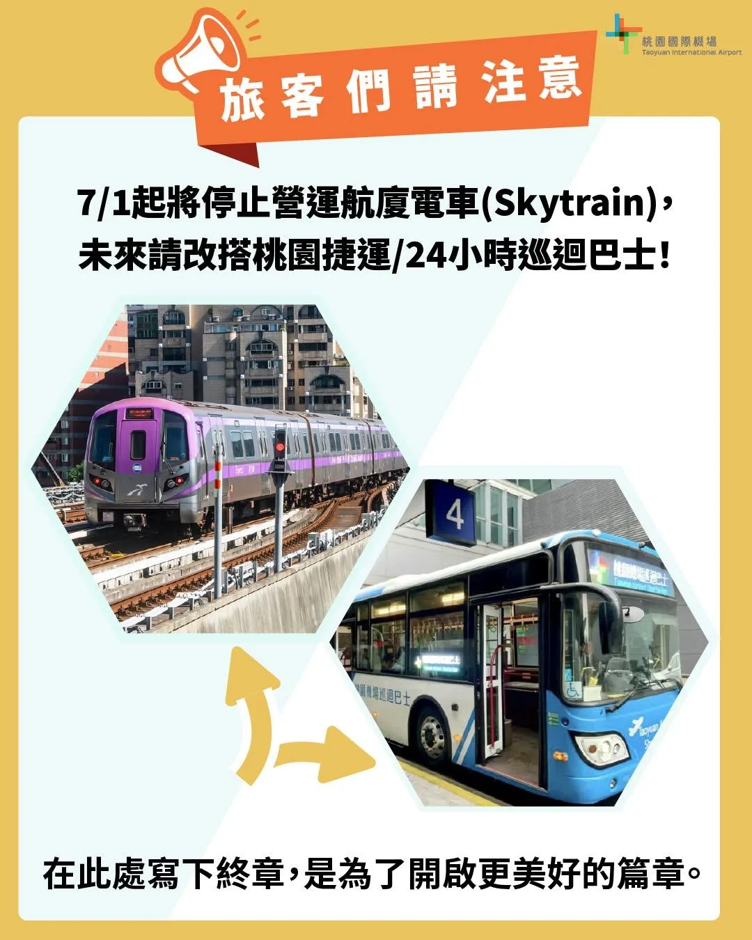 遊客可改搭桃園機場捷運或24小時巡迴巴士 。（圖／翻攝自桃園國際機場臉書）