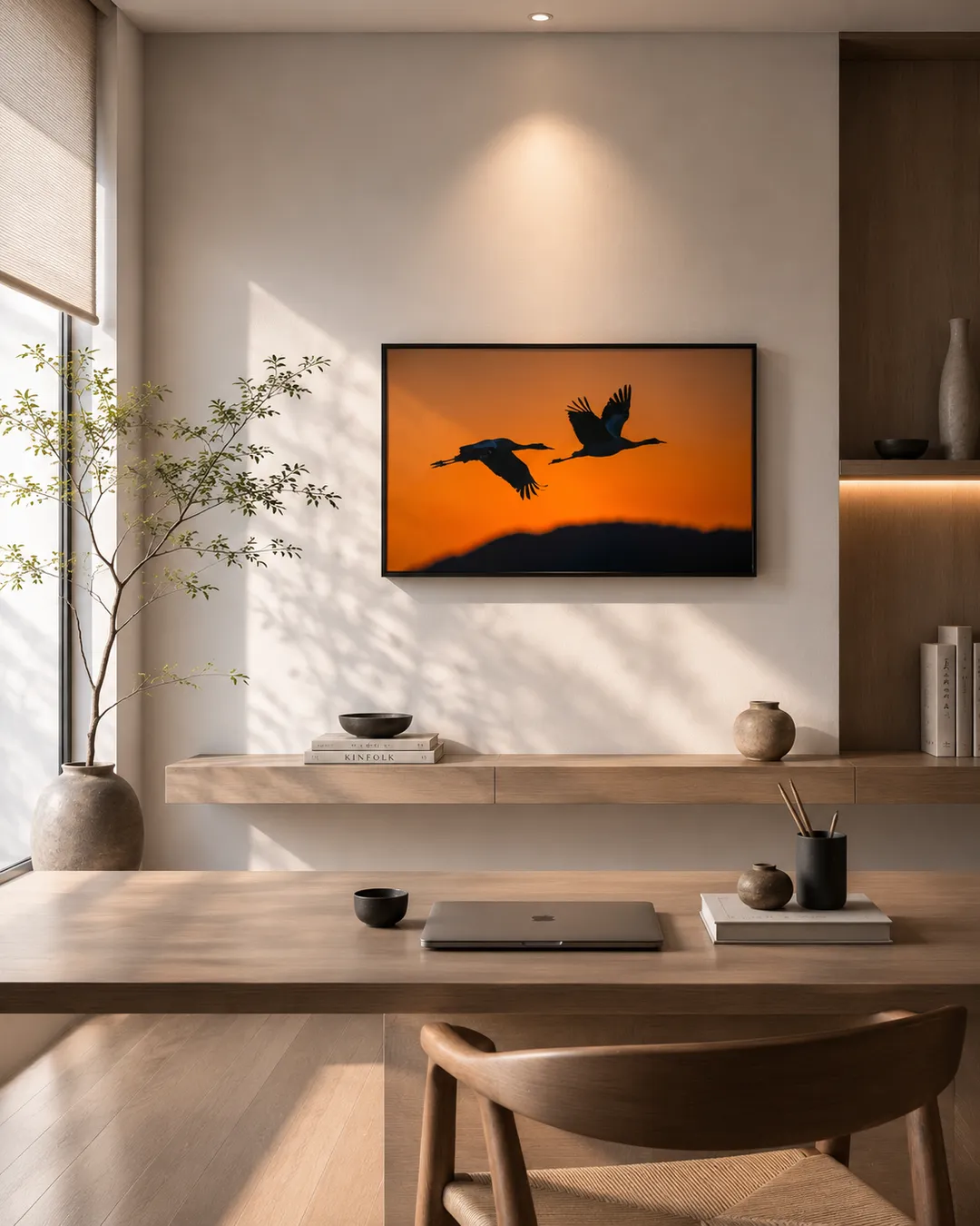王紹麟《黑頸鶴04》｜71 × 45.5 cm｜限量10版空間搭配示意｜辦公會客區 × 現代自然風格。（圖／寶吉祥藝術中心）