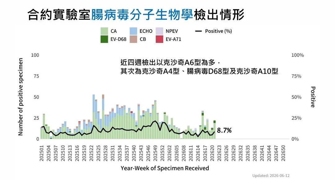 近四週實驗室監測顯示，社區腸病毒以克沙奇A6型為多，其次依序為克沙奇A4型、腸病毒D68型及克沙奇A10型。（圖／疾管署）