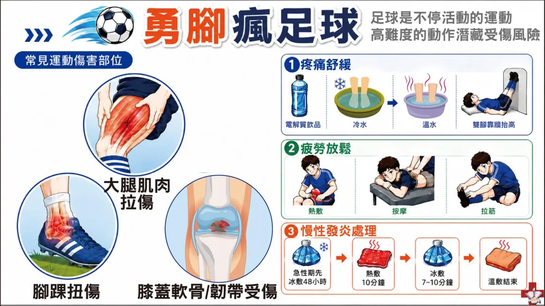 足球運動最常見傷害依序為大腿肌肉拉傷、腳踝扭傷及膝蓋軟骨損傷，倒掛金鉤、頭槌等高難度動作更潛藏尾椎受傷與腦震盪風險。（圖／振興醫院）
