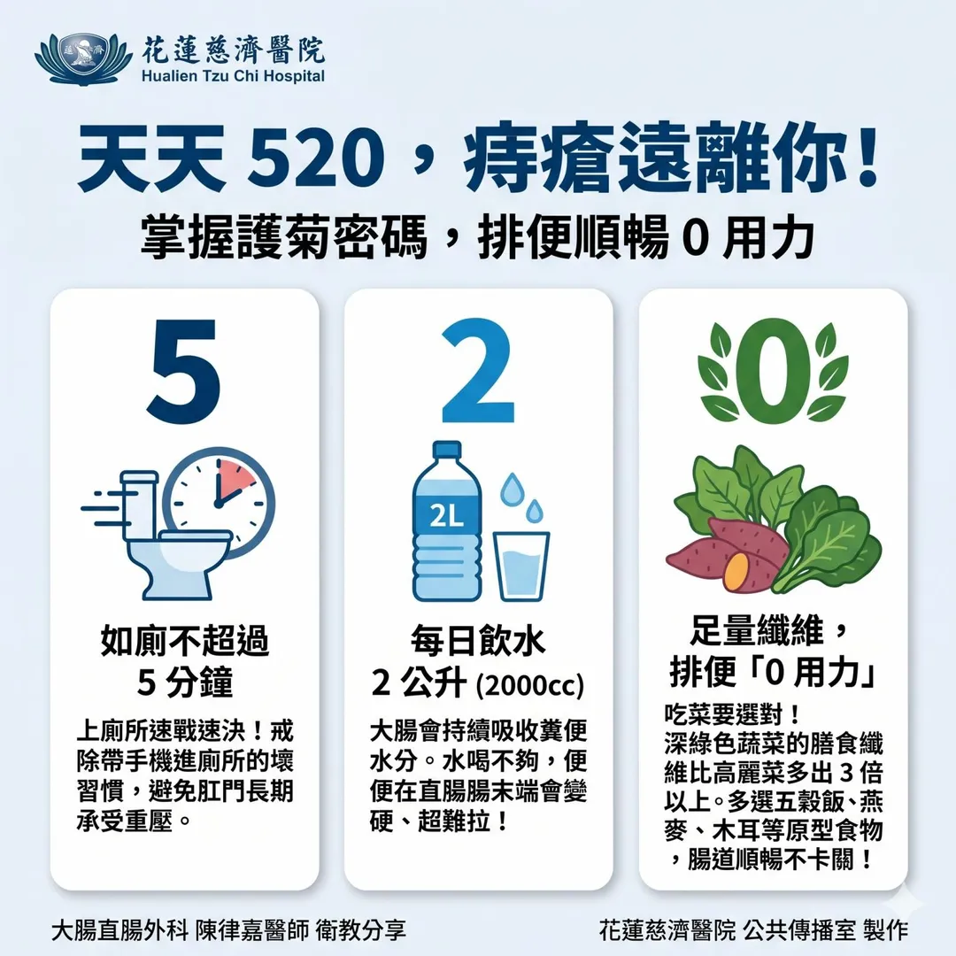 花蓮慈濟醫院大腸直腸外科陳律嘉醫師分享「天天520」護菊密碼，提醒民眾注意如廁及生活習慣，遠離痔瘡困擾。（圖／花蓮慈濟醫院）