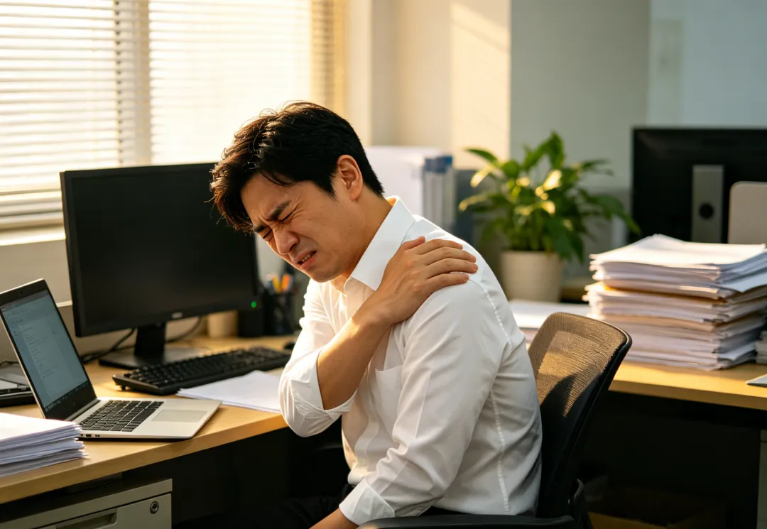 長時間使用電腦、維持固定坐姿,容易造成肩胛骨外翻、上背肌肉過度出力,進而引發慢性發炎與膏肓疼痛。(示意圖/AI生成圖)