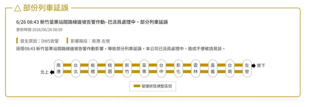 高鐵新竹、苗栗段發布「邊坡告警」。（圖／翻攝自高鐵官網）