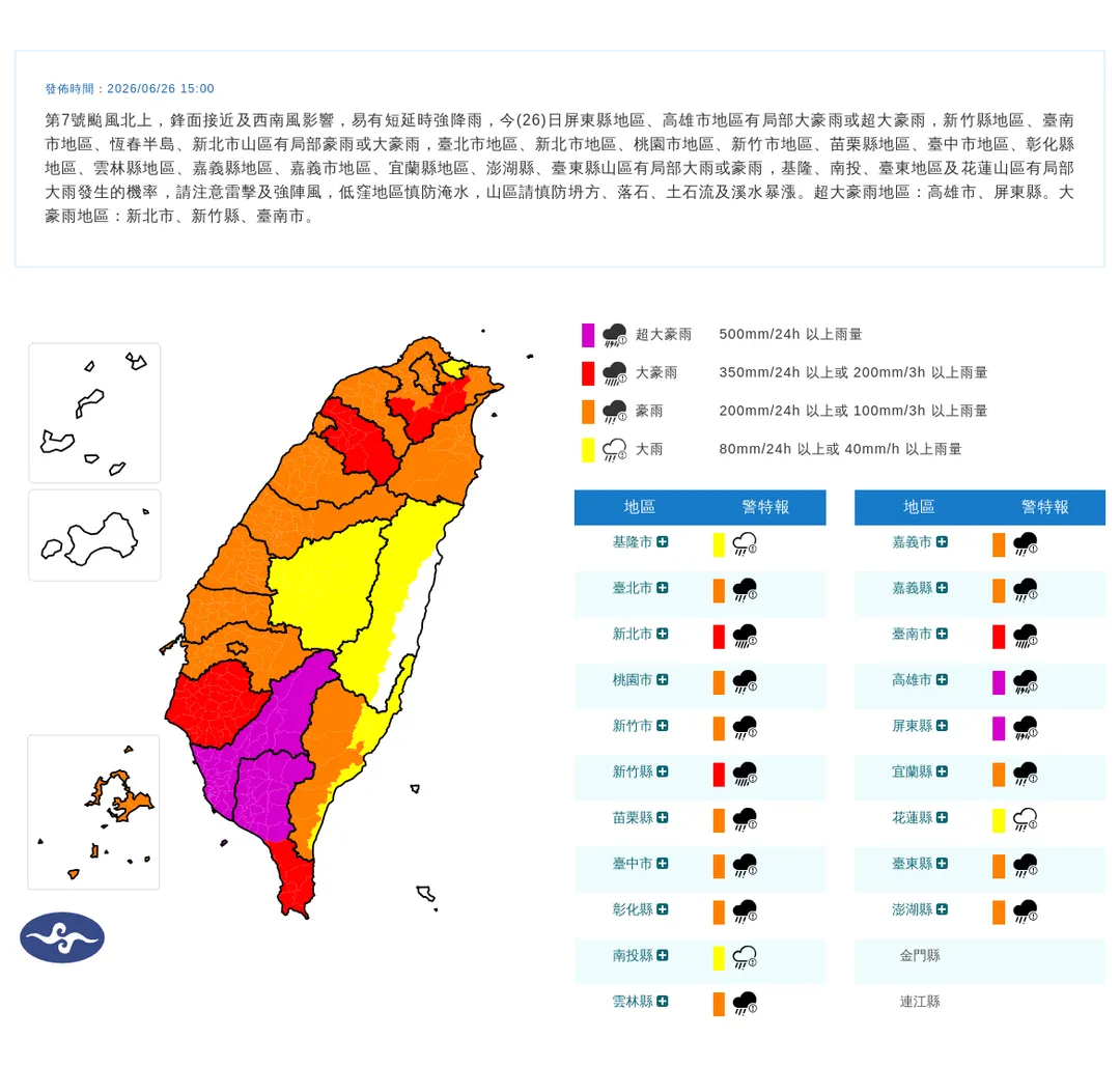 中央氣象署於今(26)日下午3點發布最新20縣市豪雨特報。(圖/氣象署提供)
