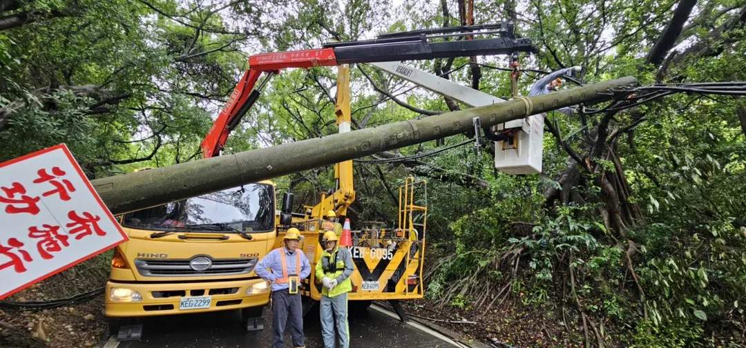 鋒面及西南氣流造成豪大雨,各地陸續傳出電力受影響的災情。圖為高雄市仁武區大樹壓倒電纜線及電桿斷3根,台電人員加速清除搶修。(圖/台電提供)
