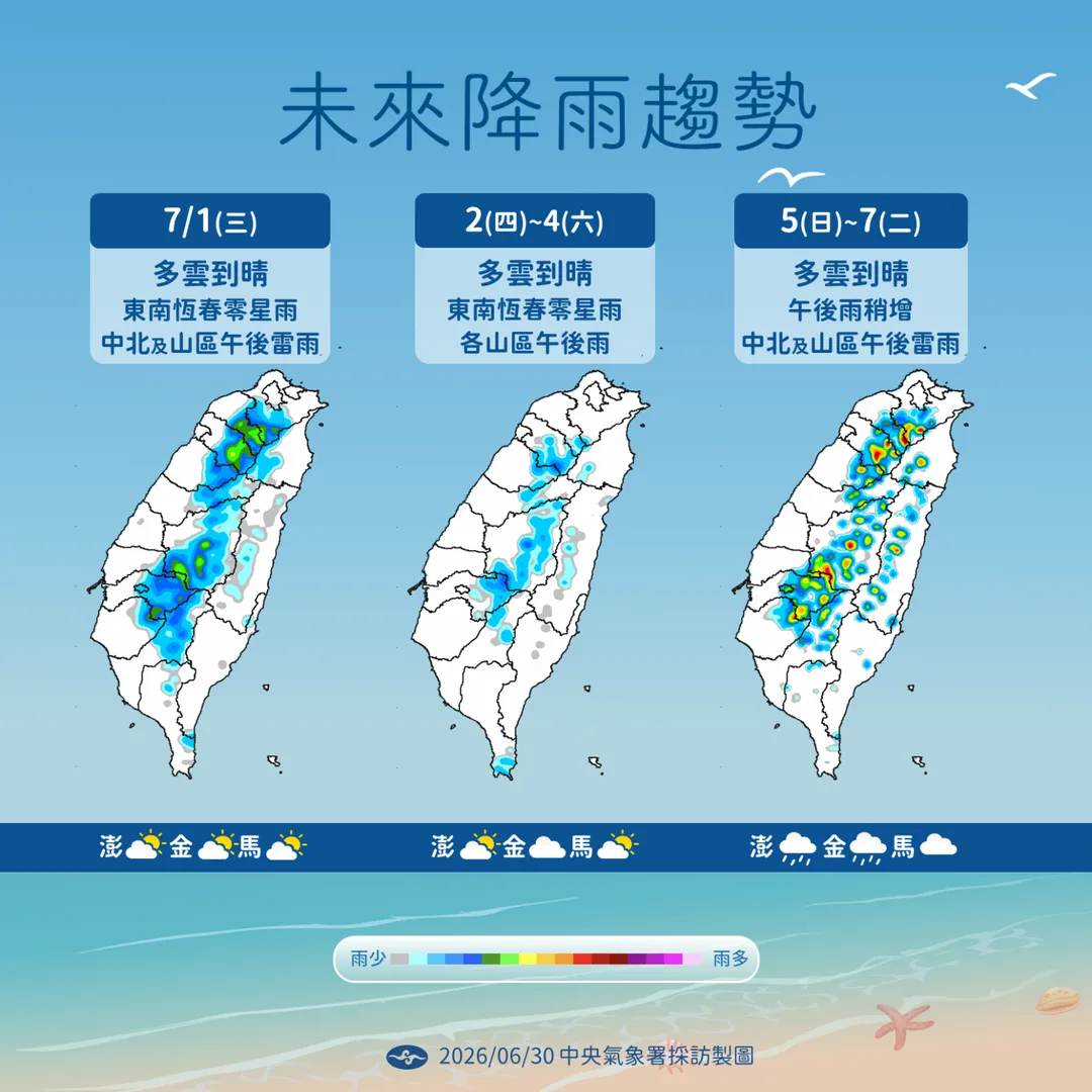 未來1週各地降雨較少，但要注意午後雷陣雨發生，中部以北山區7月1日有較大雨勢。（圖／中央氣象署提供）