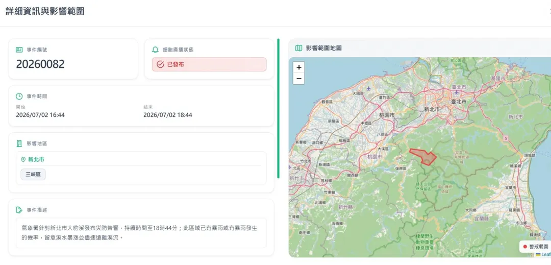 氣象署在下午4點44分，緊急針對新北市三峽區的大豹溪流域發布細胞廣播災防告警。（圖／氣象署）