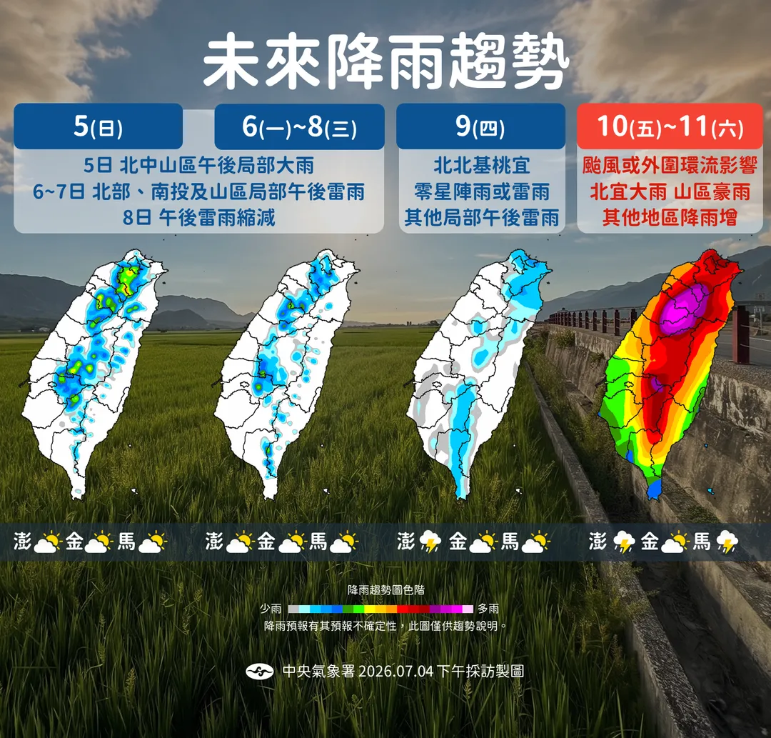 10日之前各地午後需留意降雨，10日開始受到颱風或外圍環流影響，各地都有降雨機會。（圖／中央氣象署提供）