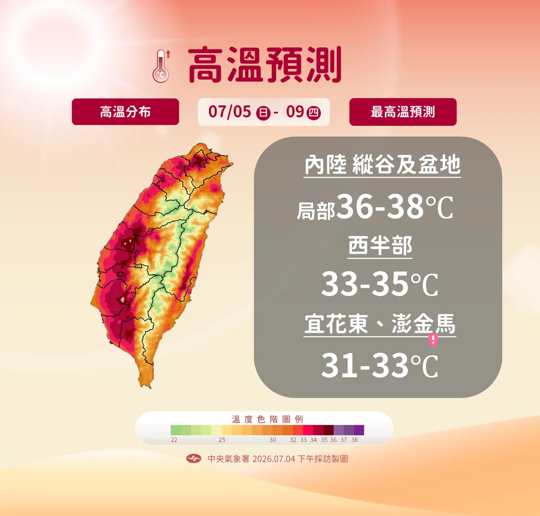 9日颱風影響前，局部高溫上看36度至38度。（圖／中央氣象署提供）