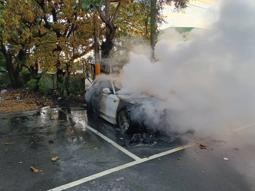 轎車遭烈火無情吞噬,消防人員趕抵現場全力射水灌救。(圖/中天新聞)
