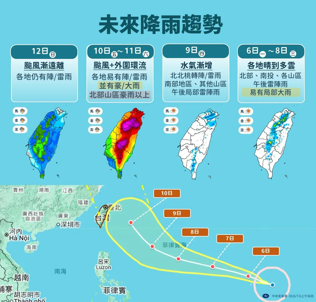 10、11日是巴威颱風影響最劇的2天。（圖／中央氣象署）