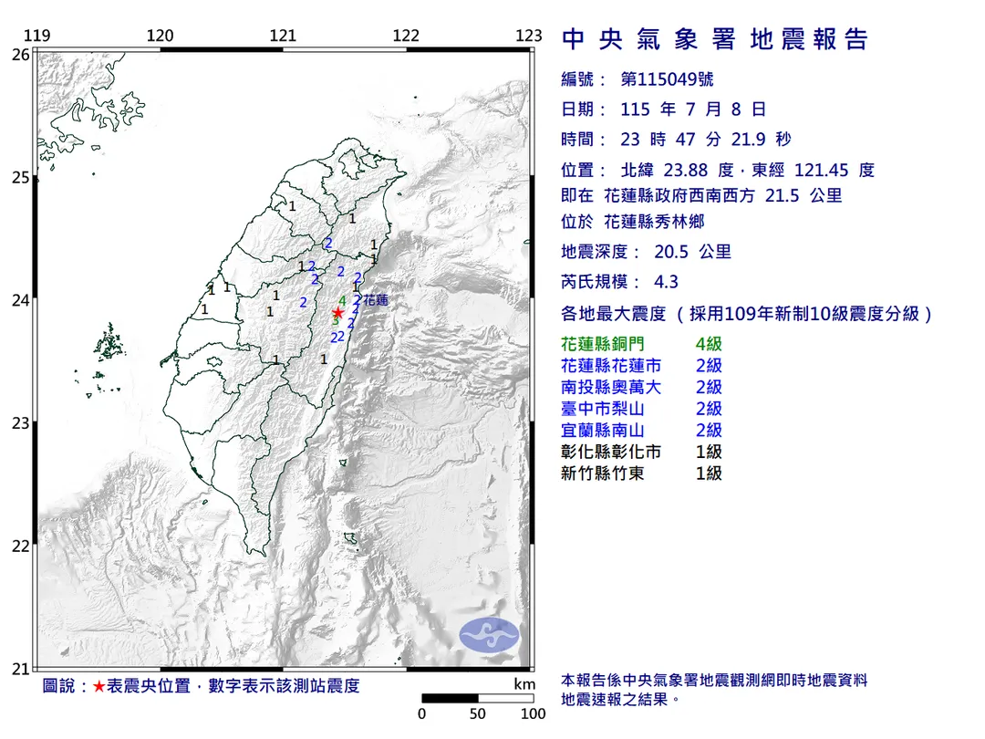 深夜不平靜!東台灣發生有感地震。(圖/氣象署)