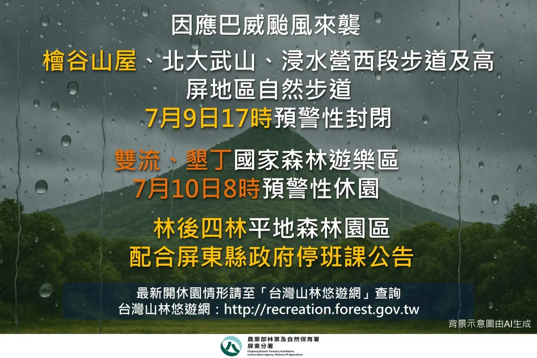 屏東轄內多處山區景點及遊樂區啟動預警性關閉措施。（圖／林保署屏東分署提供）