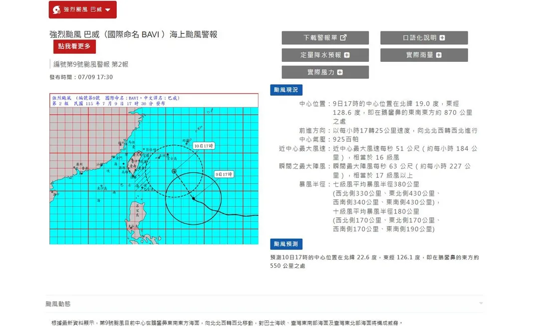 巴威颱風持續進逼台灣。（圖／中央氣象署）