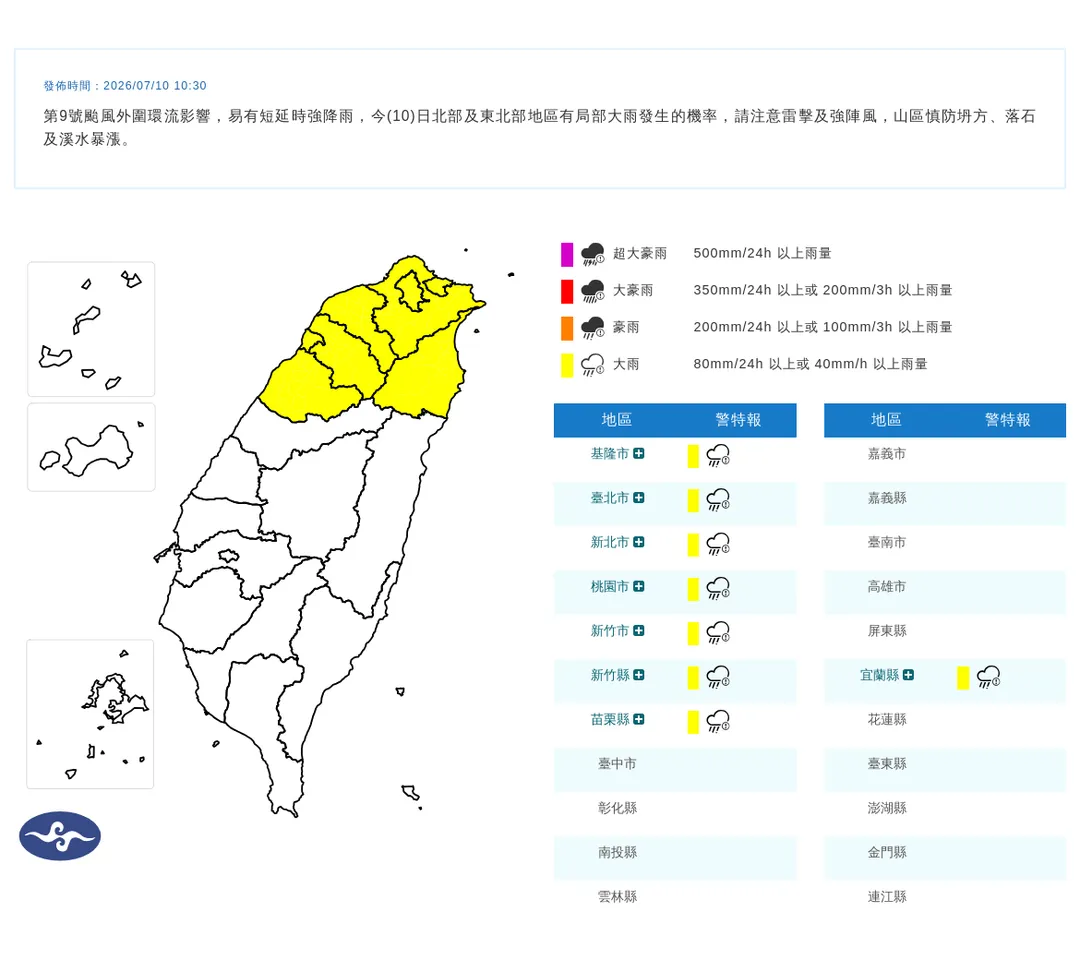 氣象署針對8縣市發布大雨特報。（圖／中央氣象署）