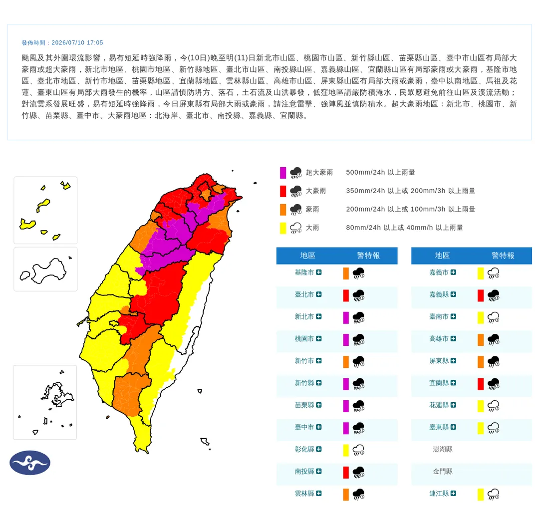 巴威颱風和其外圍環流10日傍晚起將在台灣各地帶來豪雨，20縣市風雨越晚越劇烈。（圖／翻攝自中央氣象署官網）