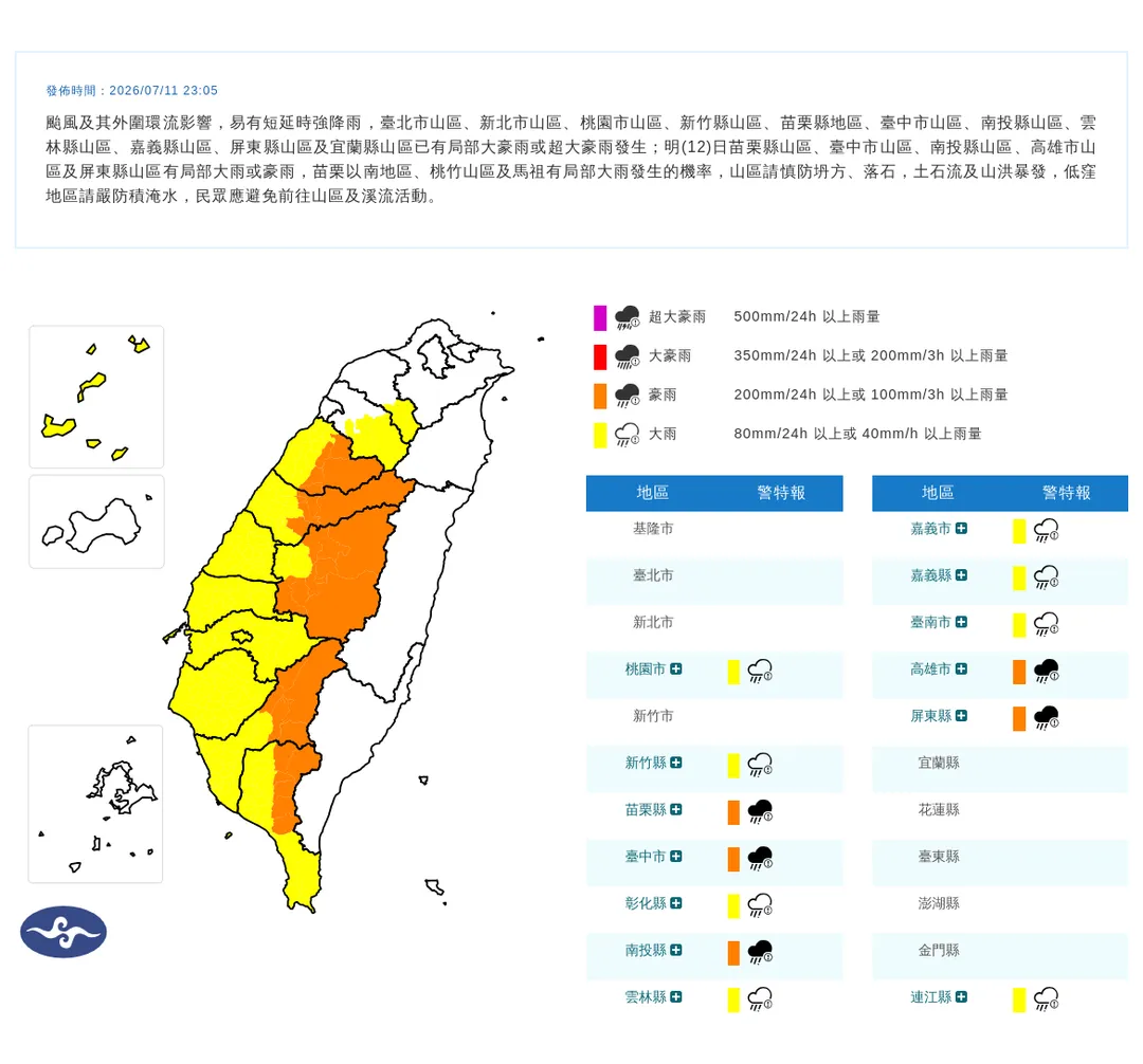 13縣市豪大雨特報。（圖／中央氣象署）