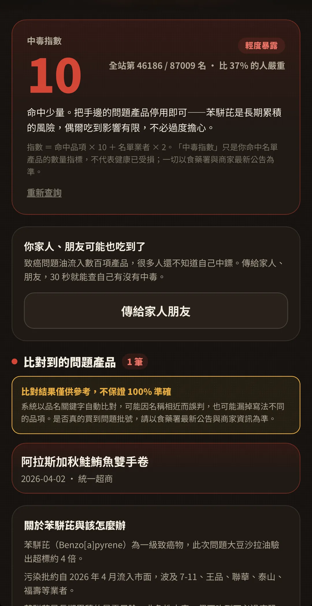 《中天新聞網》實際開啟該款App進行測試，結果顯示中毒指數為1，系統標示「阿拉斯加秋鮭鮪魚雙手卷」。(圖/翻攝畫面)