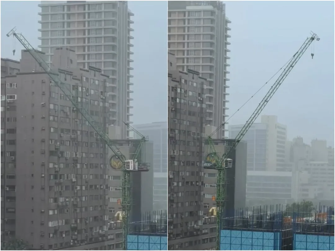起重機吊臂遭強風吹拂，在高空進行360度旋轉。（圖／Threads網友@y_nov_29_sgr授權提供）