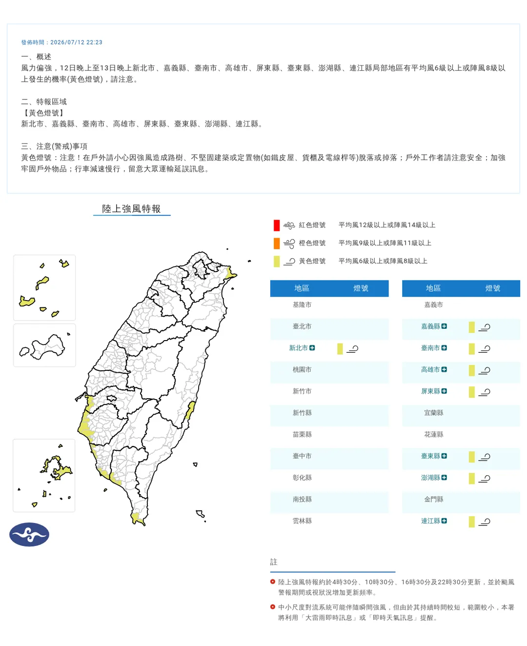 8縣市強風特報。（圖／氣象署）
