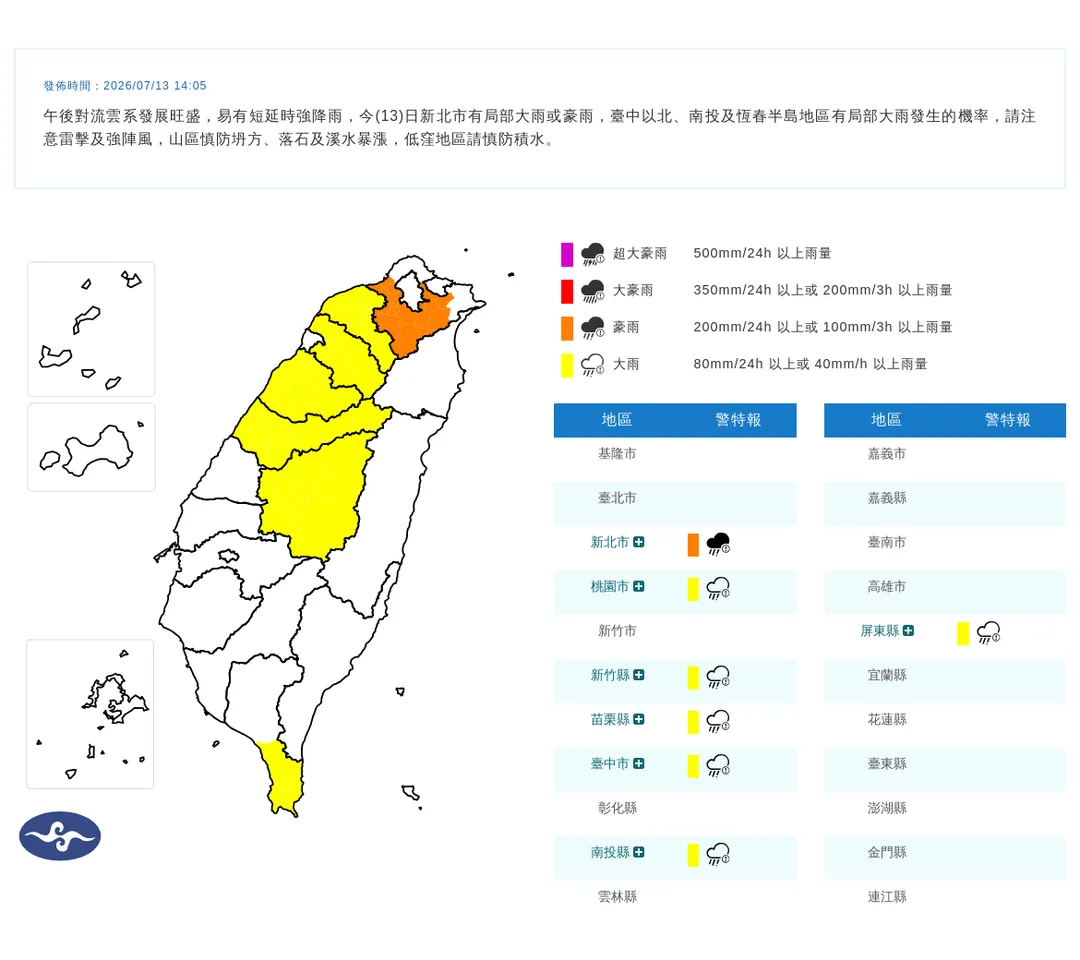 午後對流雲系發展旺盛，全台多地迎來劇烈天氣變化。（圖／氣象署）