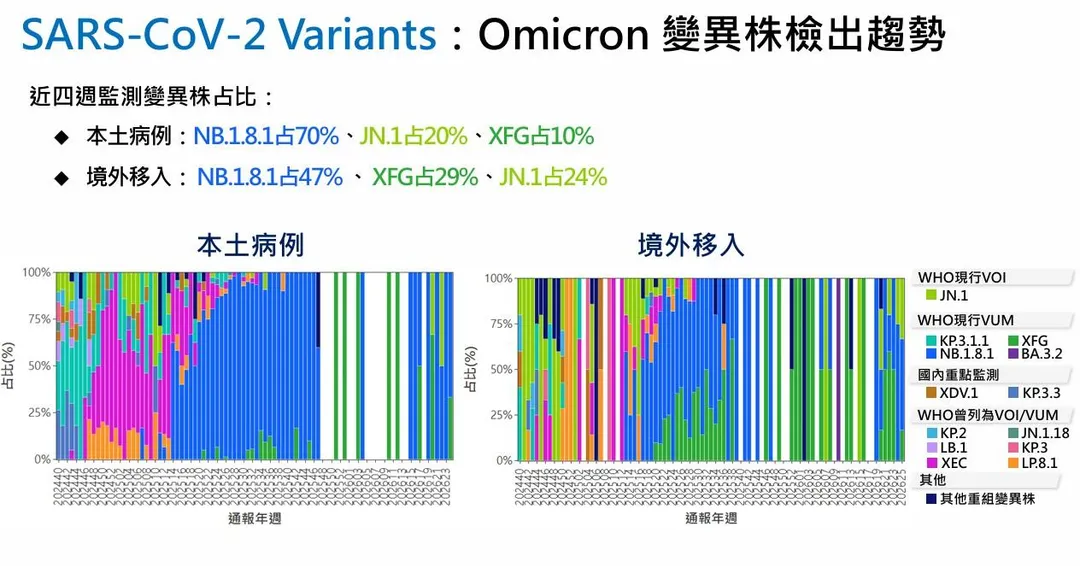 目前全球流行變異株以NB.1.8.1為主，其次為JN.1及XFG。（圖／疾管署）