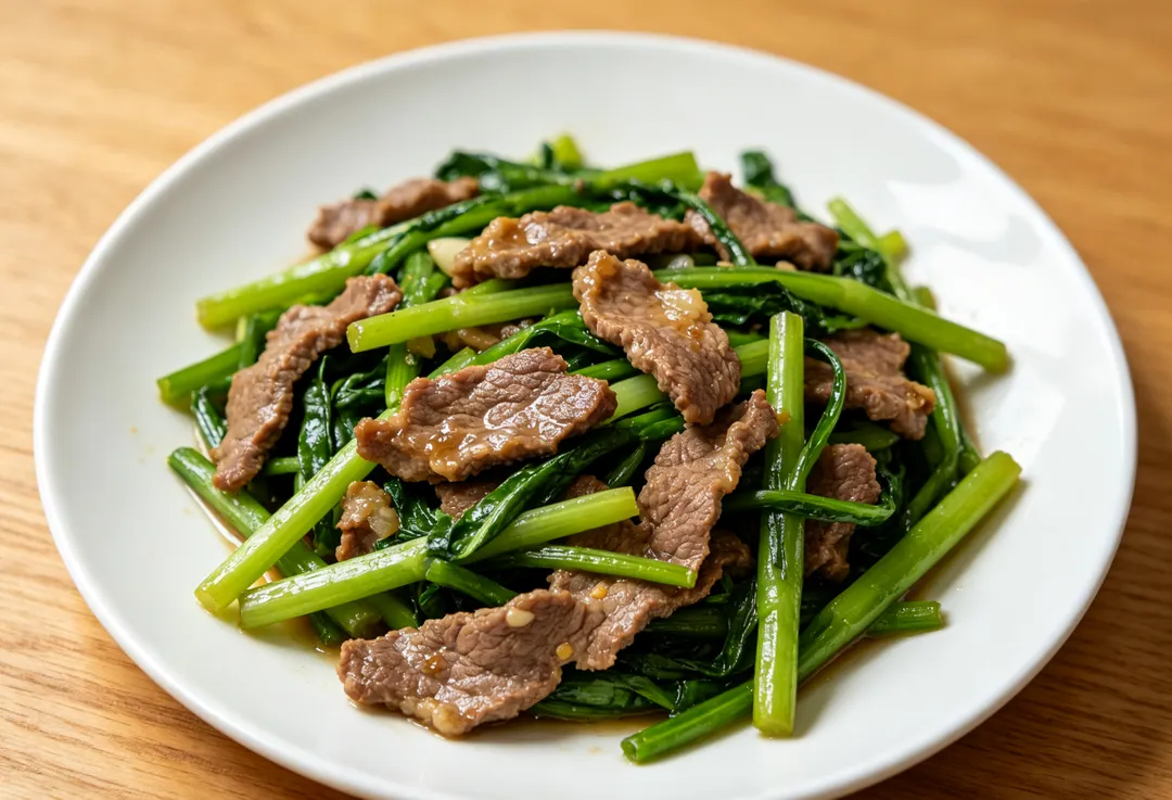 空心菜搭配牛肉則能發揮空心菜中非血紅素鐵與維生素C的協同作用，大幅提升鐵質吸收率。（示意圖／AI生成圖）