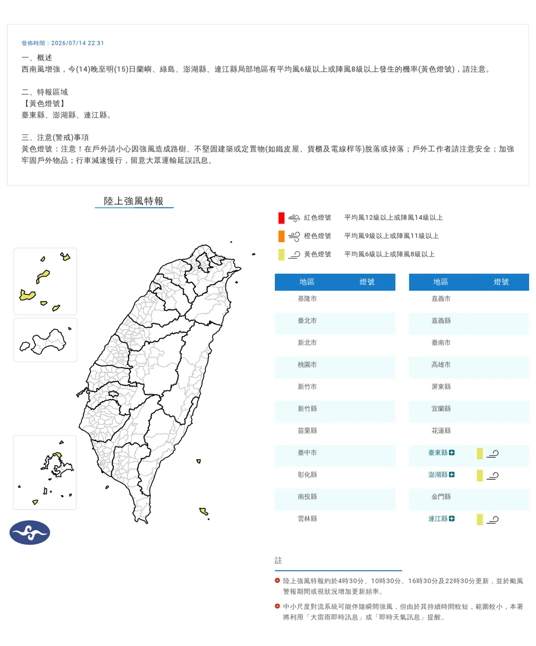中央氣象署於今(14)日晚間22時31分緊急發布3縣市陸上強風特報。(圖/氣象署提供)