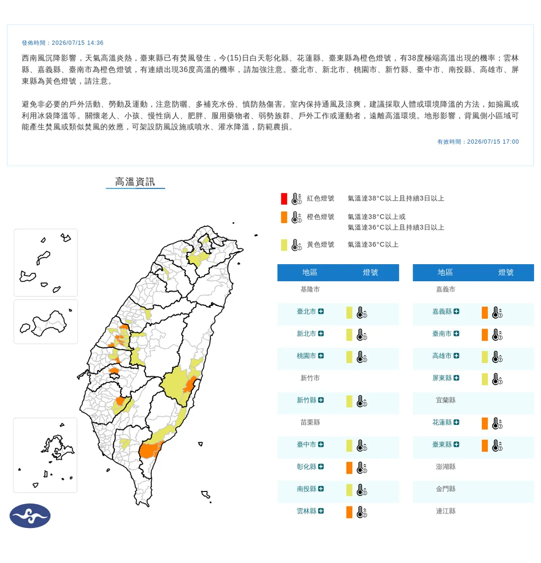 氣象署15日發布14縣市高溫資訊，台東太麻里鄉已出現全台最高溫38.3度且有焚風發生。（圖／翻攝自中央氣象署官網）