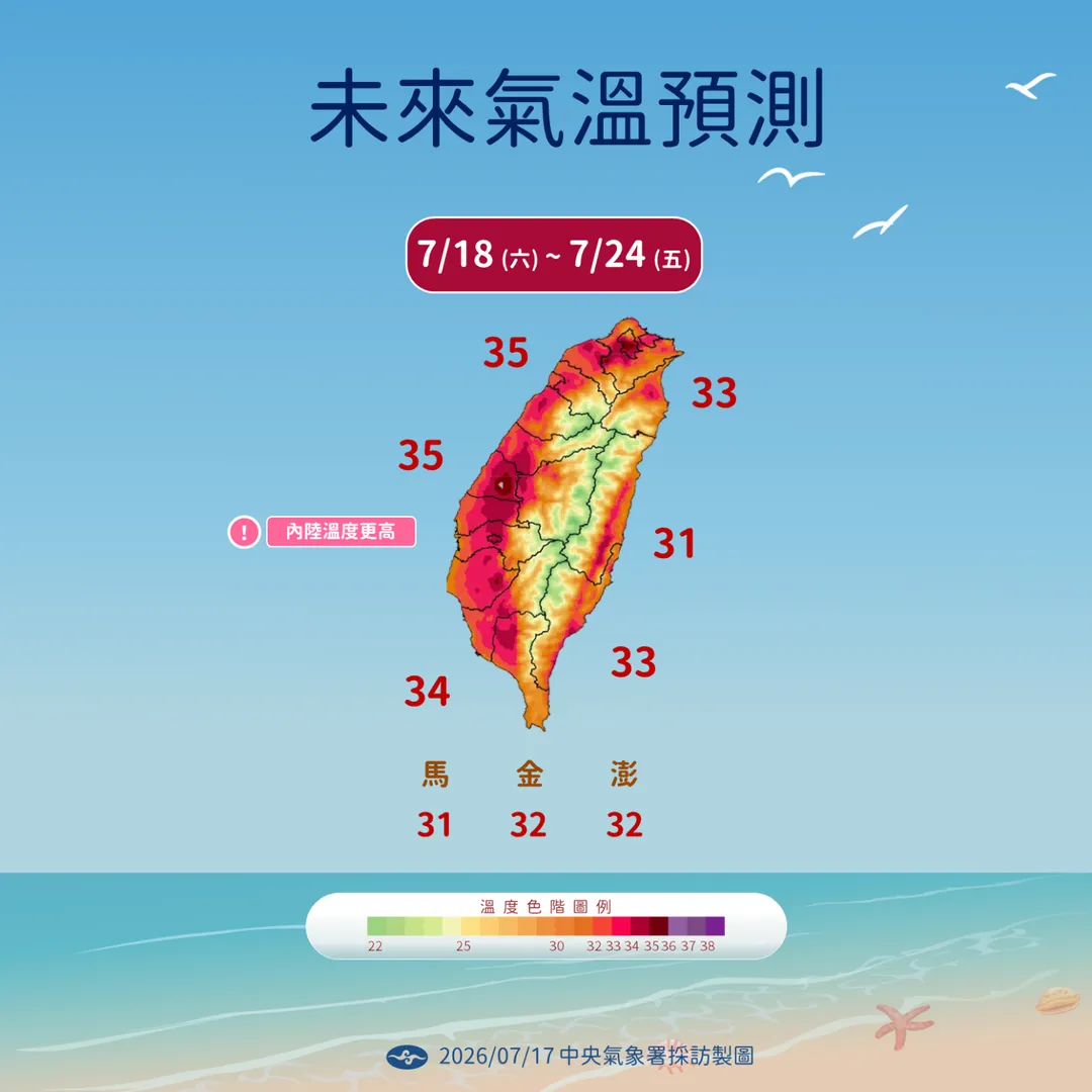 本週末起各地天氣仍炎熱，局部高溫上看36度以上。（圖／中央氣象署提供）