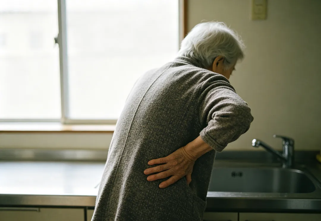 一名60歲女性因左側腰部劇烈疼痛，伴隨嚴重噁心與嘔吐，手持嘔吐袋彎著腰走進泌尿科門診。（示意圖／AI生成圖）