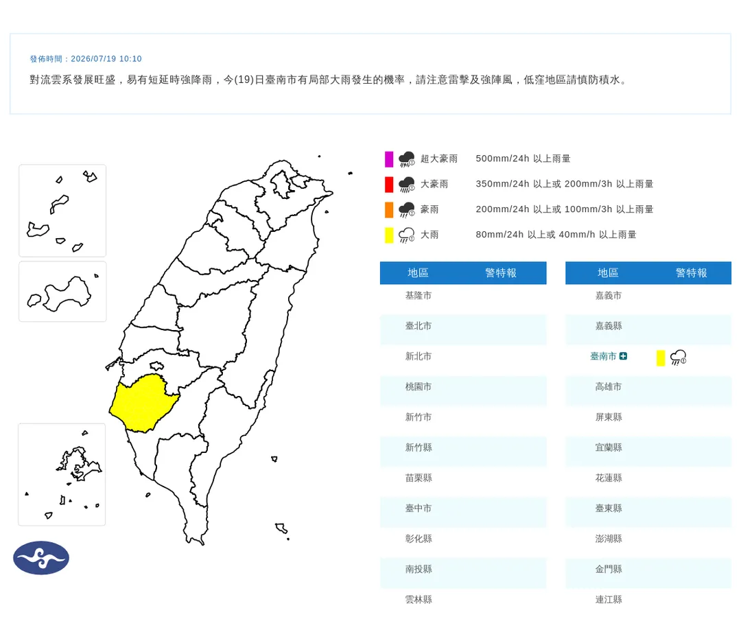 今(19)日台南市有局部大雨發生的機率。（圖／中央氣象署）