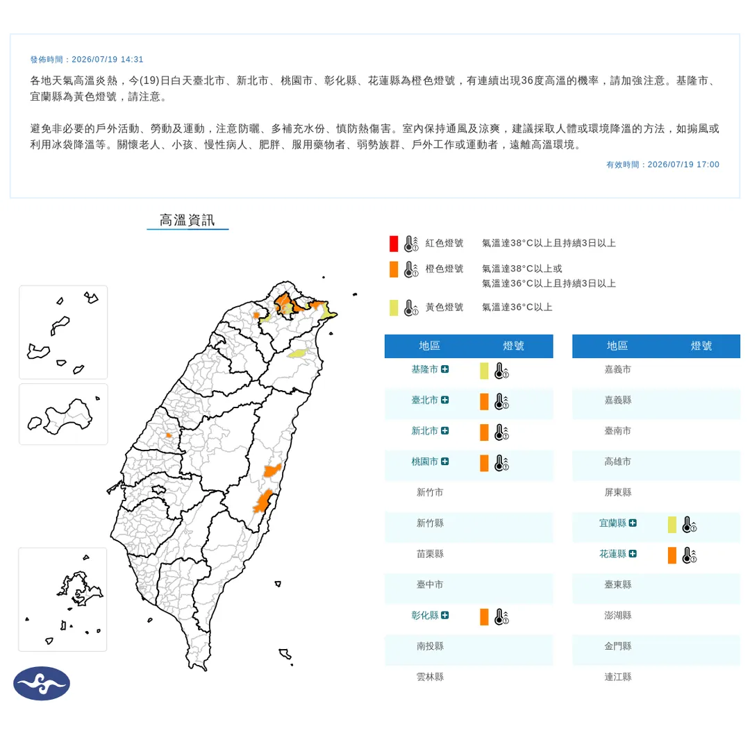 天氣高溫炎熱,台北市士林區社子測站出現37.3度全台最高溫,氣象署發布7縣市高溫資訊。(圖/翻攝自中央氣象署官網)