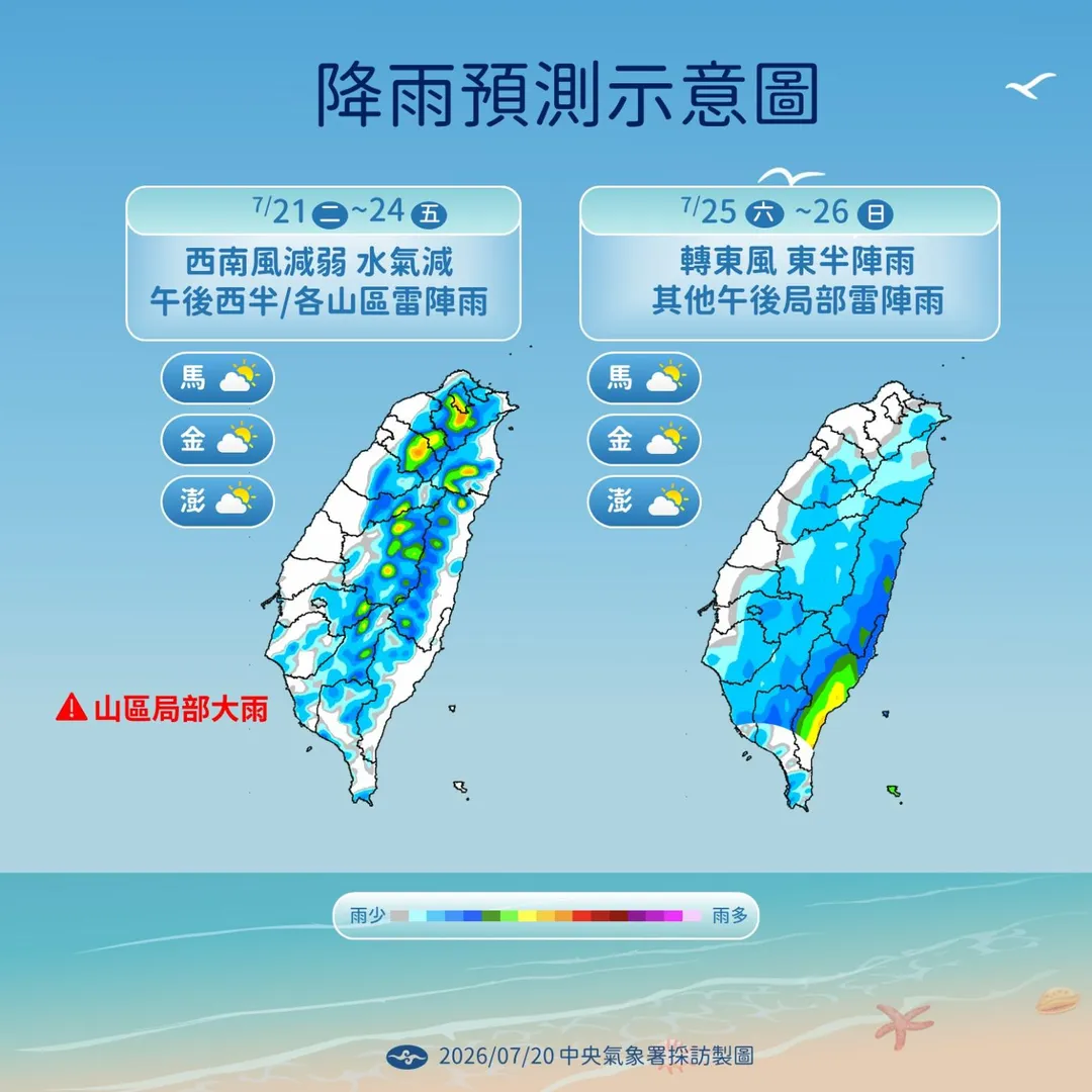 今(21)日環境仍吹西南風，午後西半部地區及其他山區有局部短暫雷陣雨。（圖／中央氣象署）