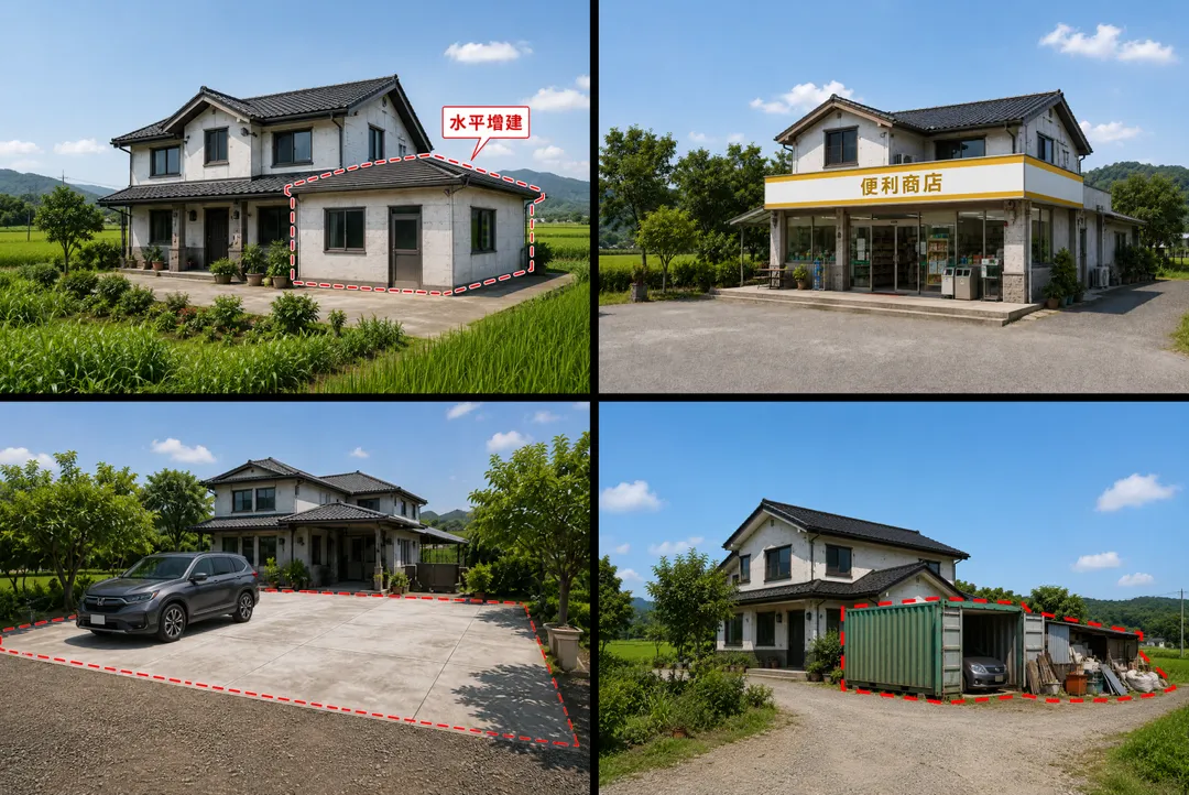 農地違規使用常見增建、改為商店、鋪設水泥、放置貨櫃屋等四種樣態，AI生成示意圖。（圖／新北市政府地政局提供）