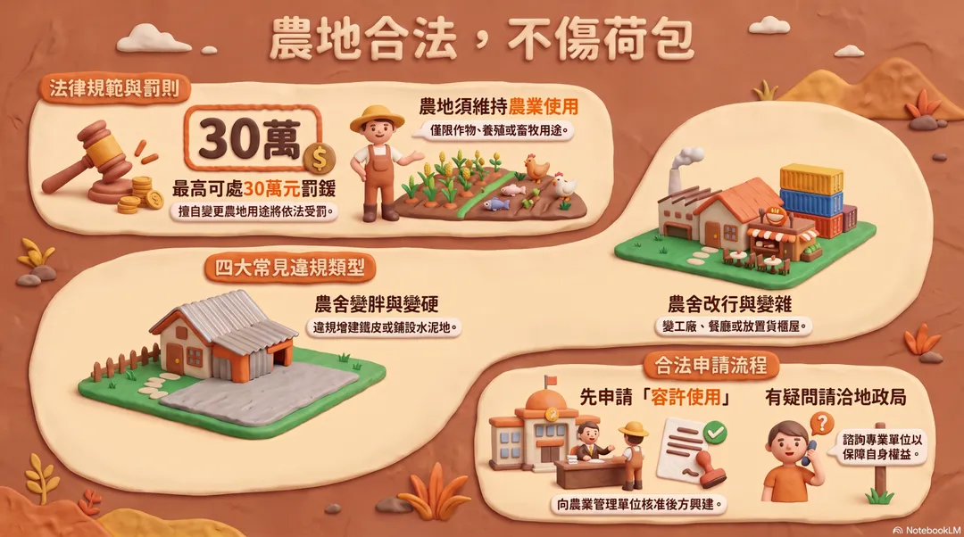 地政局強調，農地使用應以農業經營為原則，不得任意變更用途或增設與農業無關的設施。（圖／AI製表）