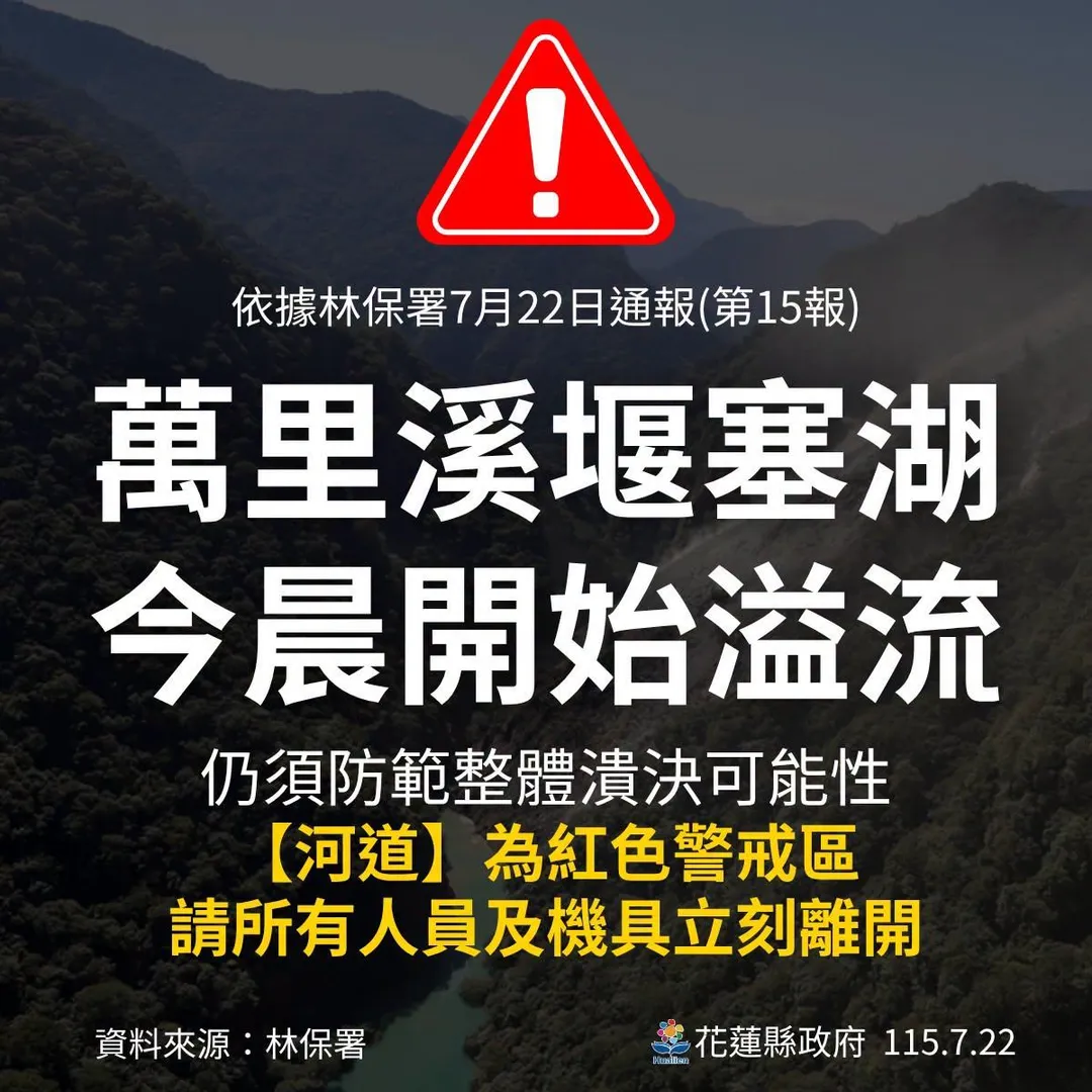 花蓮縣政府呼籲,萬里溪河道範圍維持紅色警戒,嚴禁所有人員及機具進入。(圖/花蓮縣府提供)