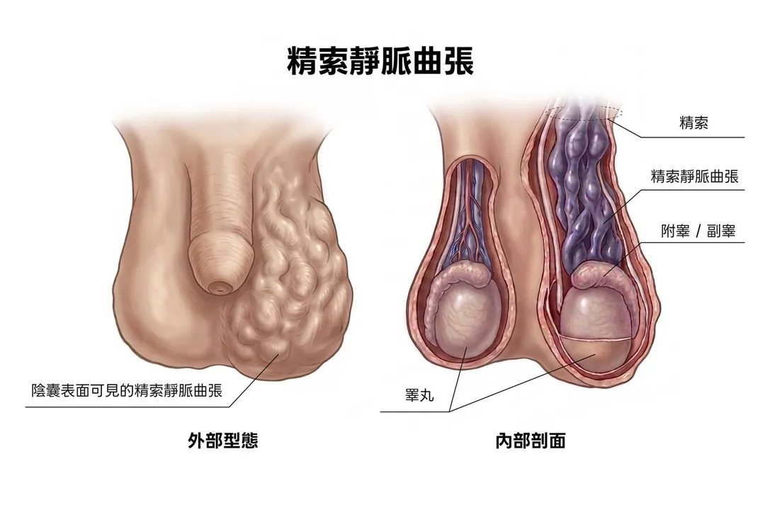 精索靜脈曲張常發生於青春期後期與成年人,患者在陰囊表面常可見血管呈現凹凸不平、宛如蚯蚓般的外觀,嚴重時可能造成睪丸萎縮。(圖/彰化基督教醫院提供)
