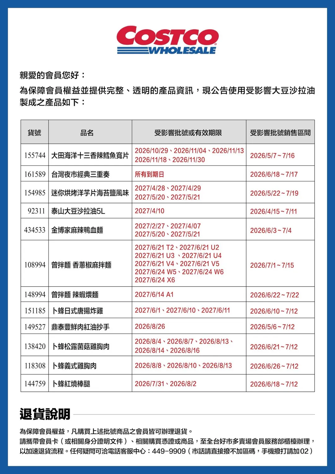 美式賣場好市多公布受相關大豆沙拉油影響的可退貨品項。（圖／好市多提供）