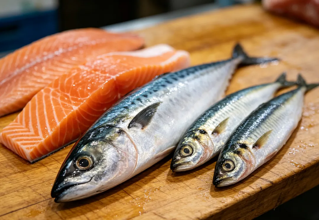 鮭魚、鯖魚、沙丁魚、鯡魚、鯷魚為日常飲食中Omega-3含量最高的優質來源。（示意圖／AI生成圖）