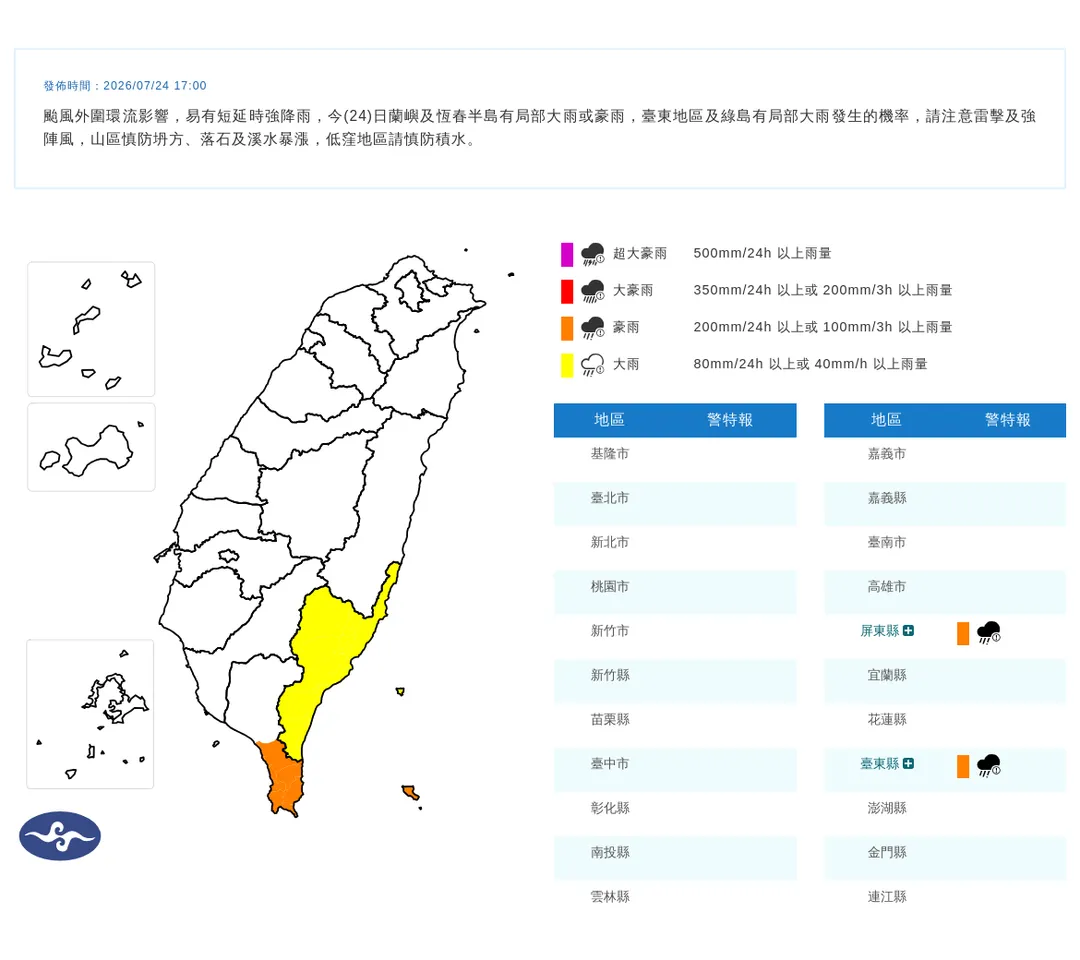 氣象署針對「屏東縣、台東縣」發布豪雨特報。（圖／氣象署提供）