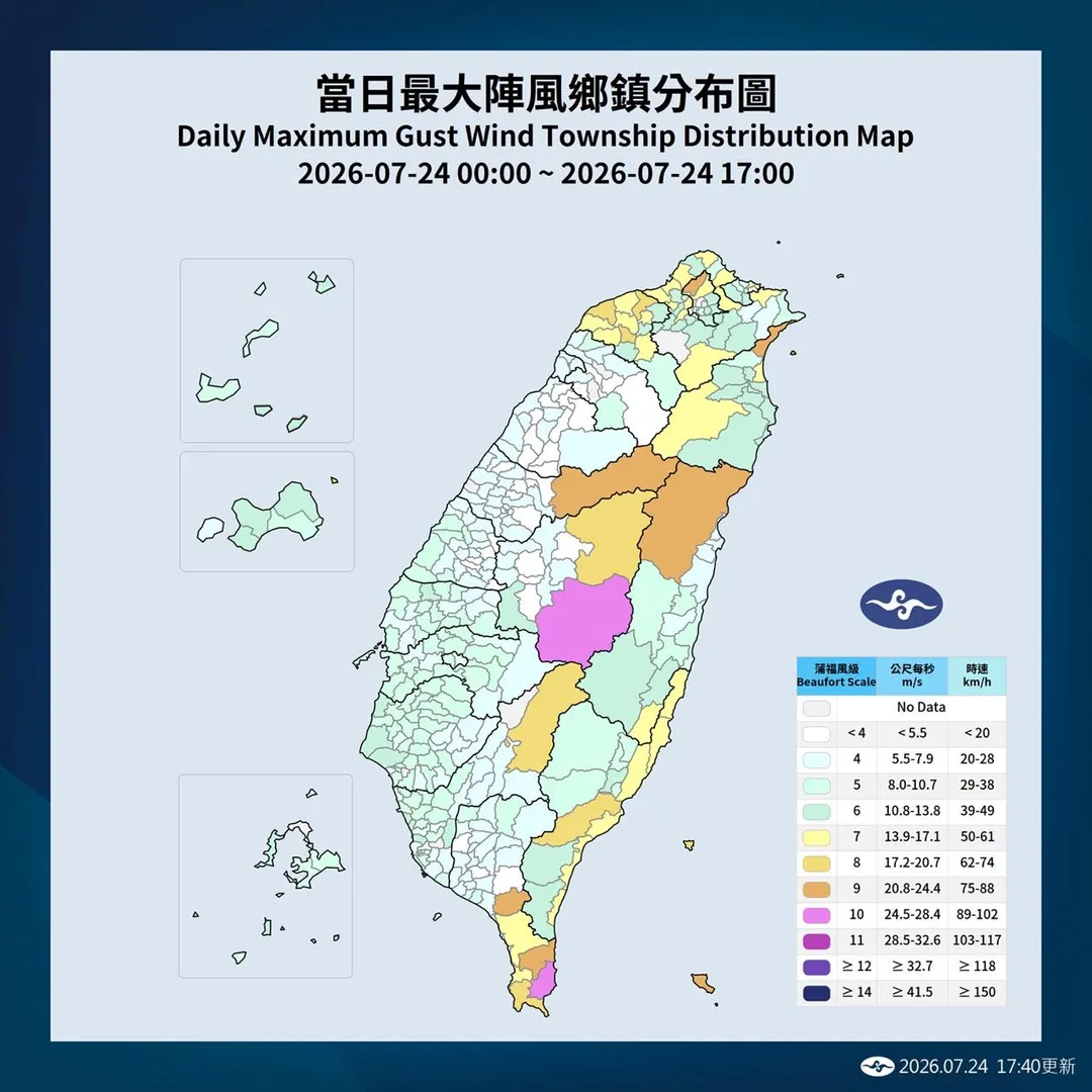 受颱風外圍環流影響,南投縣信義鄉和屏東縣滿州鄉24日有10級風出現。(圖/氣象署提供)