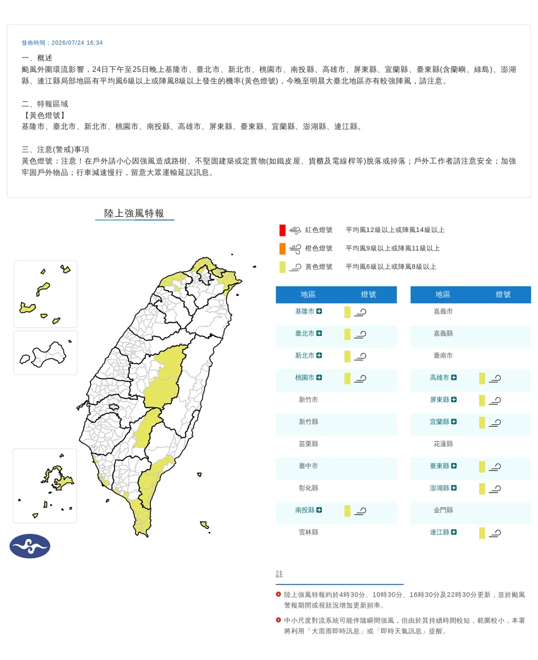 氣象署24日下午4點34分針對11縣市發布陸上強風特報黃色燈號。(圖/氣象署提供)